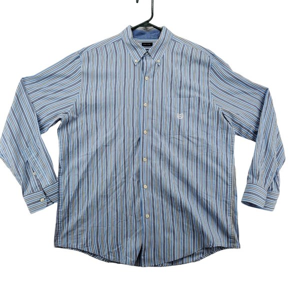Chaps Shirt Men's Long Sleeve Striped Casual Button Up Striped Blue White Large - Picture 2 of 12